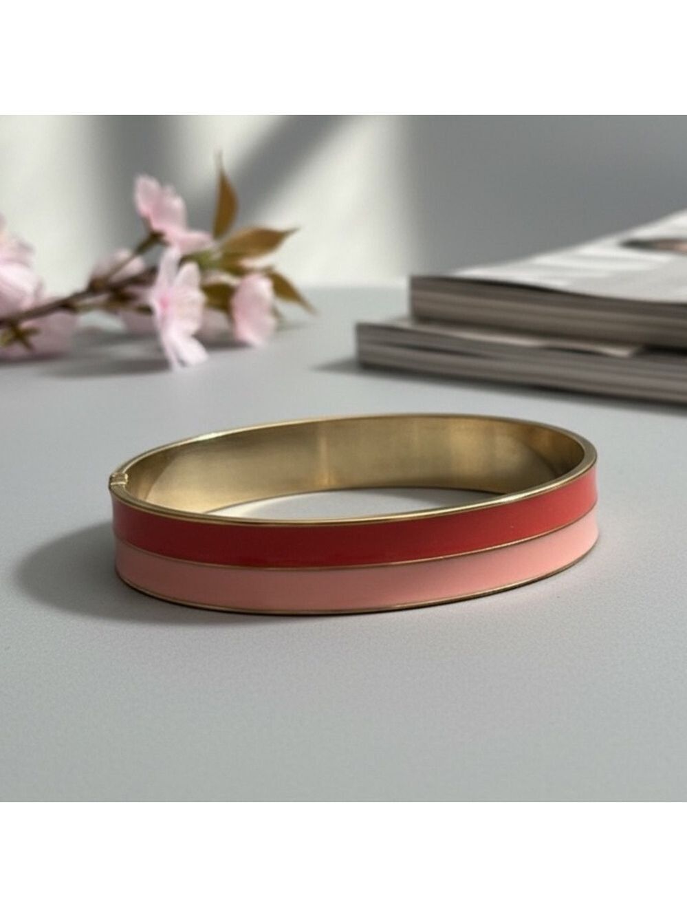 Coral Pink Enamel Bangle Bracelet